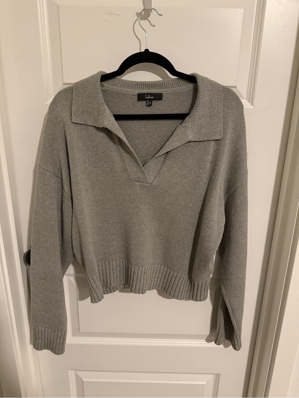 Lulu's Light Gray Collared V-Neck Knit Sweater